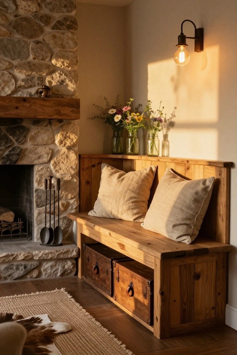 Wooden bench with cream cushions positioned against a stone fireplace wall, flanked by fire tools, with wildflowers in glass vases on the mantel and a wall lamp casting warm light.