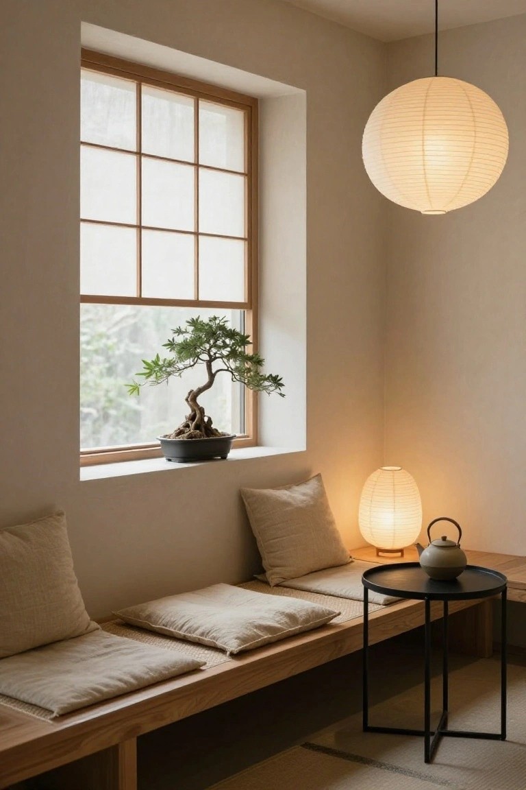 Indoor corner with wooden bench piled with beige cushions under a grid window holding a black bonsai pot, paper lantern lights, black metal side table with teapot, and beige walls.