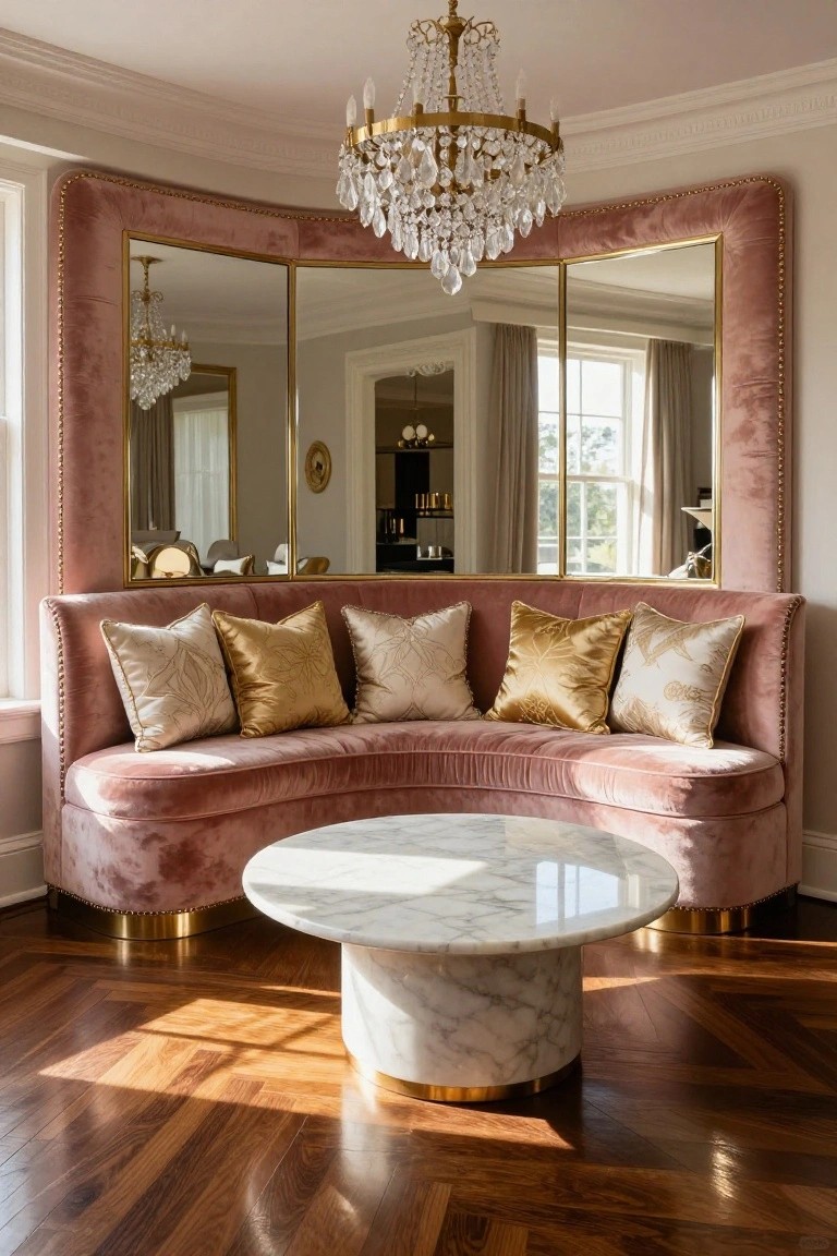 Curved blush pink velvet sofa with gold and cream pillows in a bay window nook, flanked by pink-upholstered triple mirrors, a crystal chandelier overhead, round white marble coffee table with gold base on parquet wood floors.