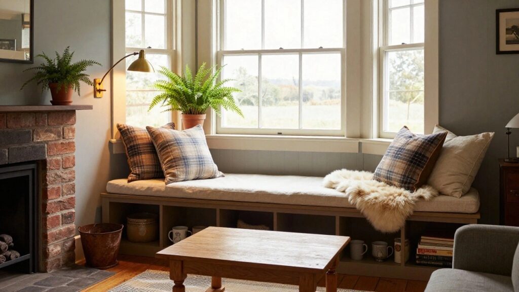 Sage green living room corner featuring a bay window bench with plaid cushions, sheepskin throw, built-in shelves holding books and mugs, wooden coffee table, and brick fireplace.