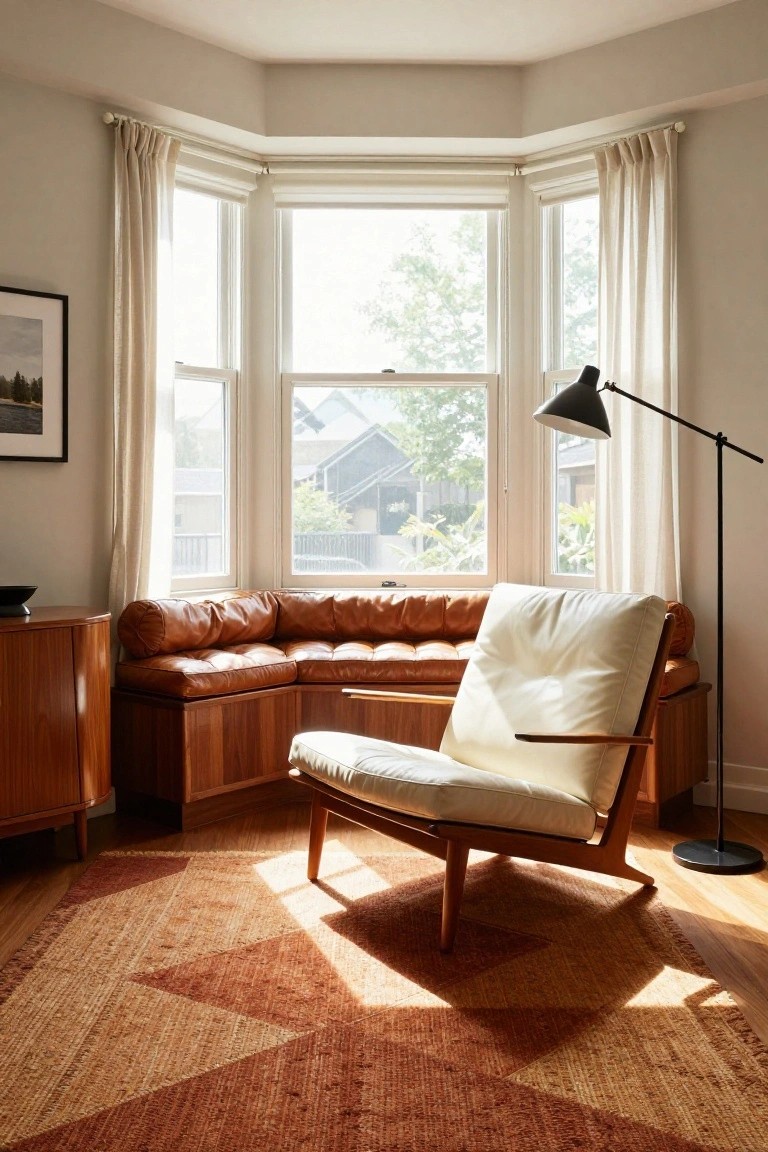 Bay window nook in a living room with curved tan leather banquette, white fabric armchair on wooden frame, wooden credenza and cabinetry, black arched floor lamp, and terracotta geometric rug on hardwood floor.