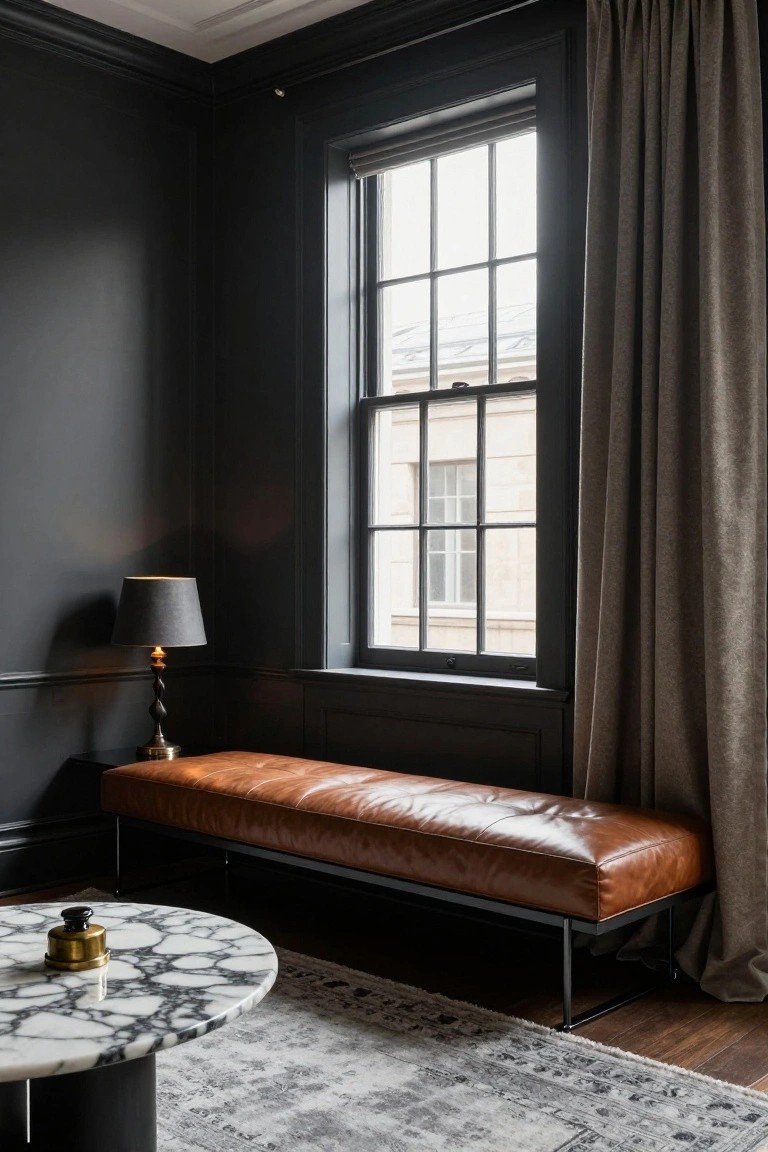 Dark paneled corner of a room with tall multi-pane window and beige curtains, tan leather bench on black metal frame, round marble side table holding a gold inkwell and black lamp, neutral rug on wood floor.