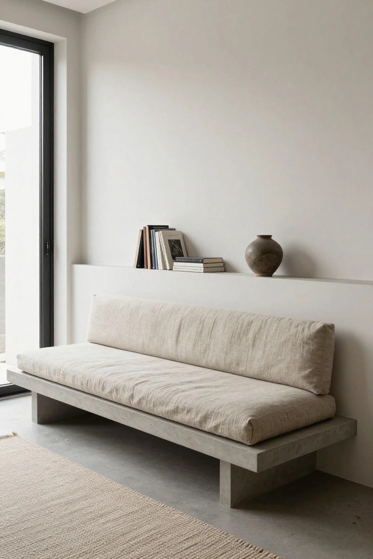 Minimalist indoor corner with low beige linen daybed on concrete platform next to large black-framed glass door, floating white shelf above holding stacked books and brown ceramic vase, seagrass rug on concrete floor.