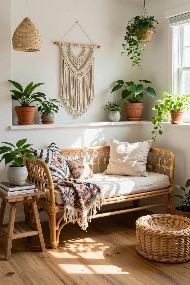 Indoor corner with white walls and wood floor featuring a rattan bench piled with patterned pillows and a colorful blanket, surrounded by multiple potted plants on shelves and hanging from ceiling, macrame wall hanging, woven pendant light, small wooden stool with books, and large woven basket on floor.
