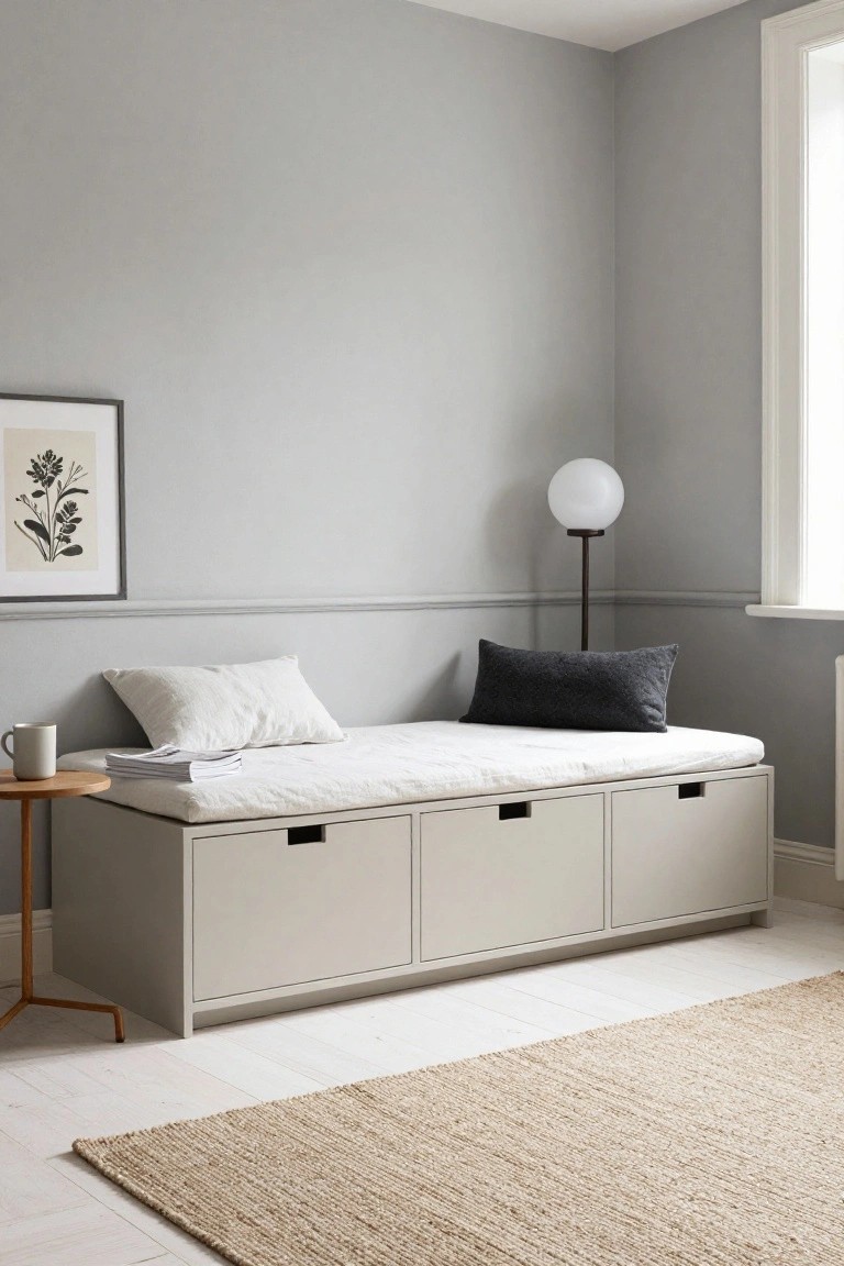 Pale gray bench with three storage drawers and white linen cushions in a light gray room corner by a tall window, with gray pillow, small wooden side table holding mug and stacked books, globe lamp, and botanical art on wall.