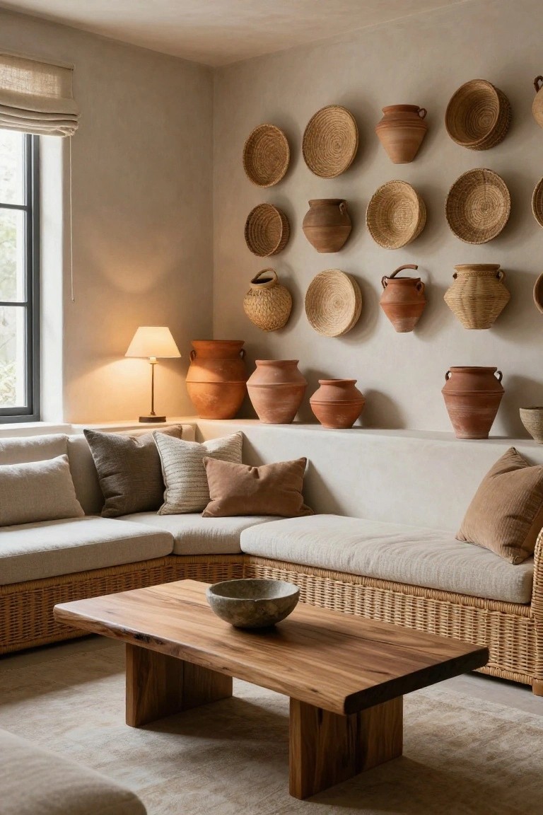 Cozy living room corner with cream walls covered in woven baskets and terracotta pots, a beige linen sectional sofa, low wooden coffee table holding a stoneware bowl, table lamp, and black-framed window with linen shade.
