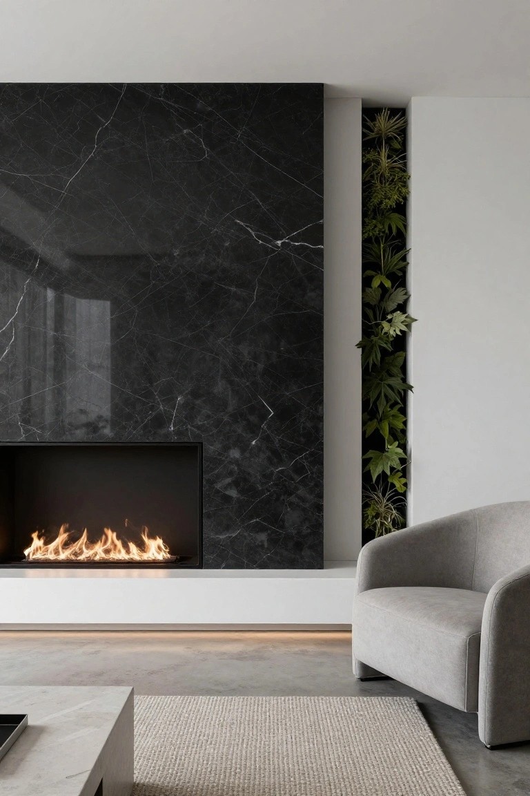 Modern living room with a tall black marble wall featuring a linear gas fireplace at the bottom and a narrow vertical green plant installation beside it, plus a curved light gray armchair, low white marble coffee table, beige rug, and polished concrete floor.