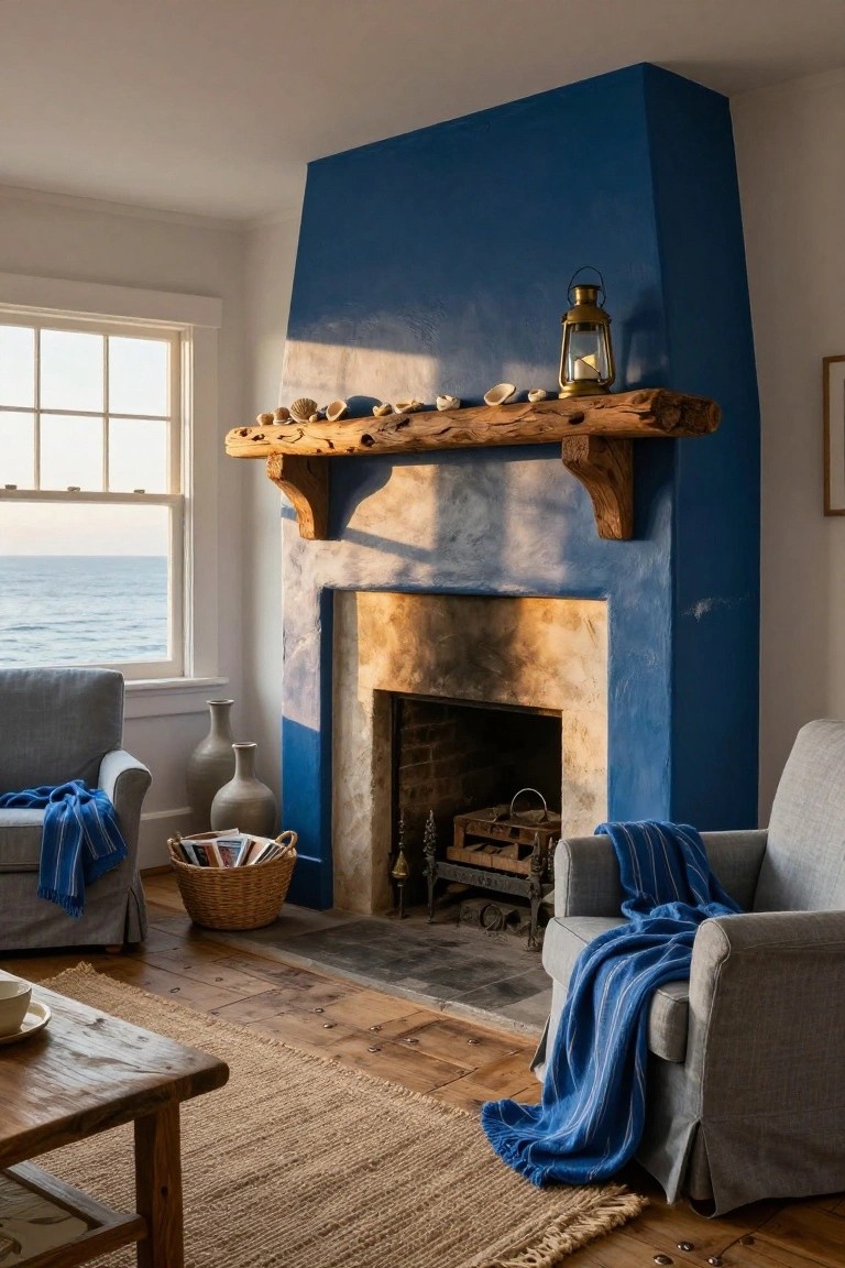 Living room with tall blue-painted fireplace wall, driftwood mantel holding shells and brass lantern, gray slipcovered armchairs draped in blue blankets, wooden coffee table, basket of magazines, ceramic vases, seagrass rug, and window overlooking the ocean.