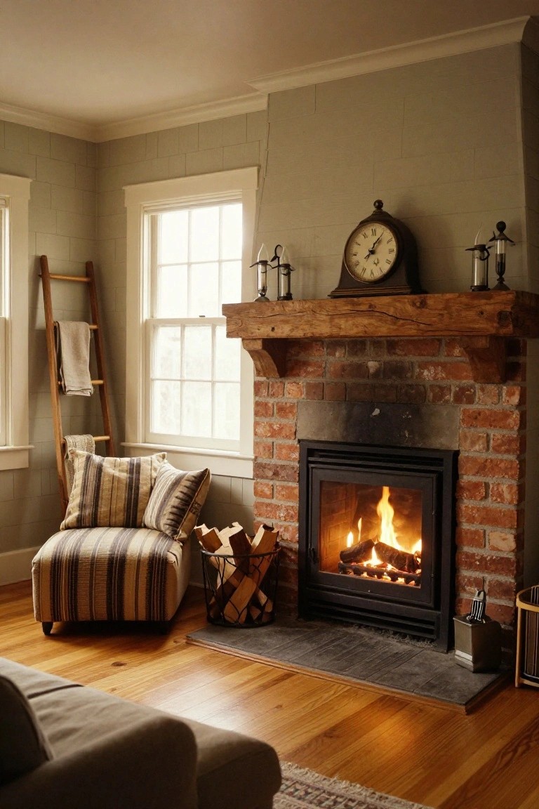 Living room corner with lit brick fireplace under wooden mantel holding clock and candles, wooden ladder shelf with towel draped over it, striped armchair nearby, firewood basket on floor, hardwood flooring.