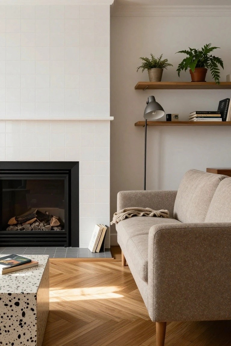 Living room with white subway tile fireplace wall, black firebox containing logs, beige sofa with throw blanket and books, speckled white coffee table, wooden shelves with plants and books, and herringbone parquet flooring.