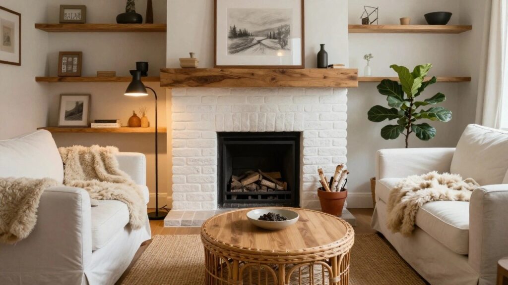 23 Cozy Living Room Fireplace Ideas That Feel Like a Retreat A living room with a white brick fireplace topped by a live-edge wooden mantel holding a potted fiddle leaf fig plant, a black floor lamp nearby, a white sofa with sheepskin throw and firewood basket, and a rattan coffee table on a jute rug.