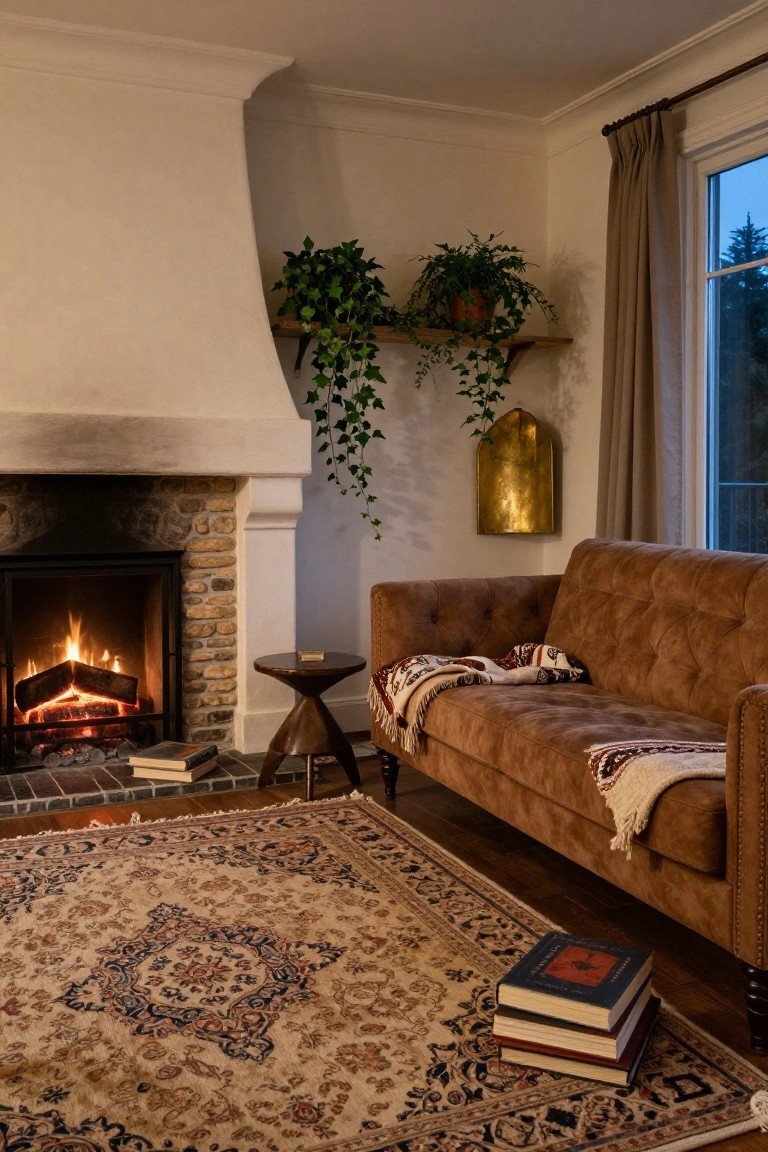 Living room corner featuring a lit stone fireplace, brown tufted sofa with woven throw blanket, small wooden side table, stack of books on Persian rug, ivy plants on wooden shelves, gold wall hanging, and window with beige curtains.