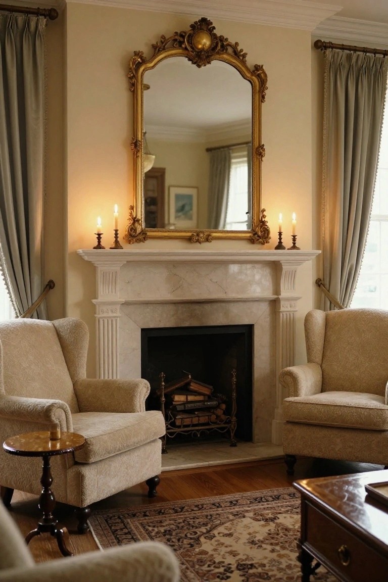 Living room with white marble fireplace, large ornate gold mirror above mantel flanked by burning candles, two beige wingback armchairs facing the hearth, small round table nearby, Persian rug on wood floor, and draped windows.