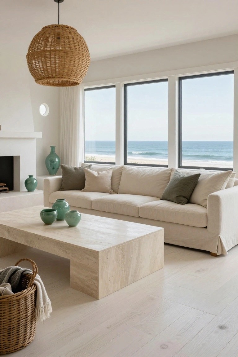Modern living room featuring a white fireplace, beige linen sofa with green and cream pillows, rectangular travertine coffee table with green ceramic vases, rattan pendant light, and large triple windows overlooking ocean waves and beach.