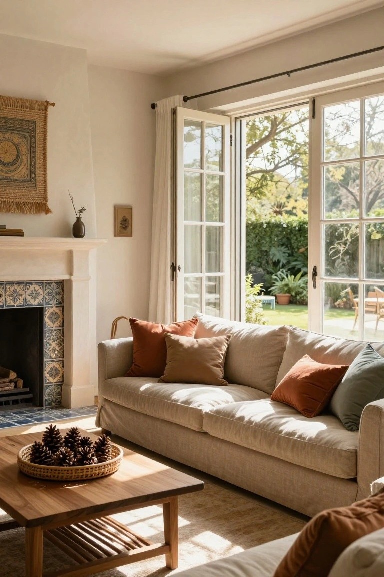 Sunlit living room with limestone mantel fireplace featuring blue tiles, beige linen sofa with rust and green pillows, wooden coffee table holding pinecones in a woven basket, and open white French doors to a green garden with plants and furniture.