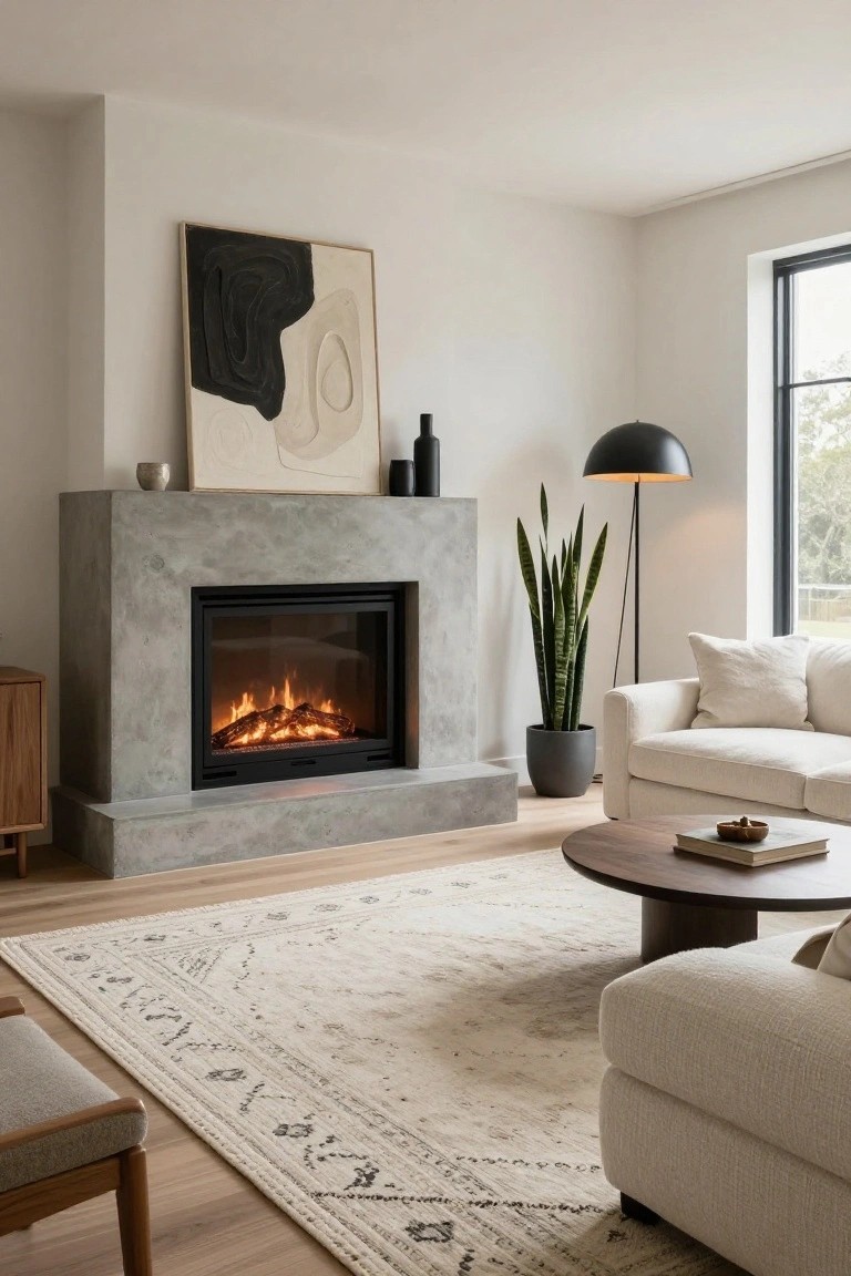 Modern living room with tall gray concrete fireplace surround and electric flames, abstract black and white wall art, snake plant in gray pot, cream fabric sofa, wood coffee table, floor lamp, and beige rug on wood floor.