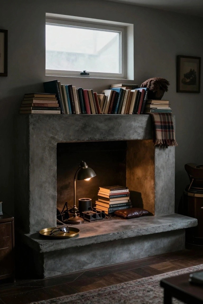 Cozy fireplace nook with stacked books, a lamp, and a blanket on the mantel.