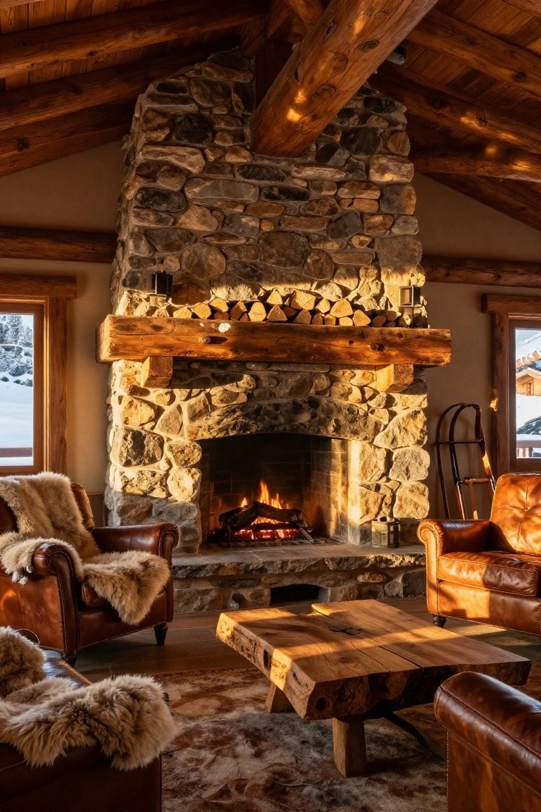 Wooden chalet living room with tall stone fireplace burning brightly, leather armchairs with sheepskin throws, rough-hewn wooden coffee table, stacked firewood on timber mantel, and snowy mountain views through paneled windows.