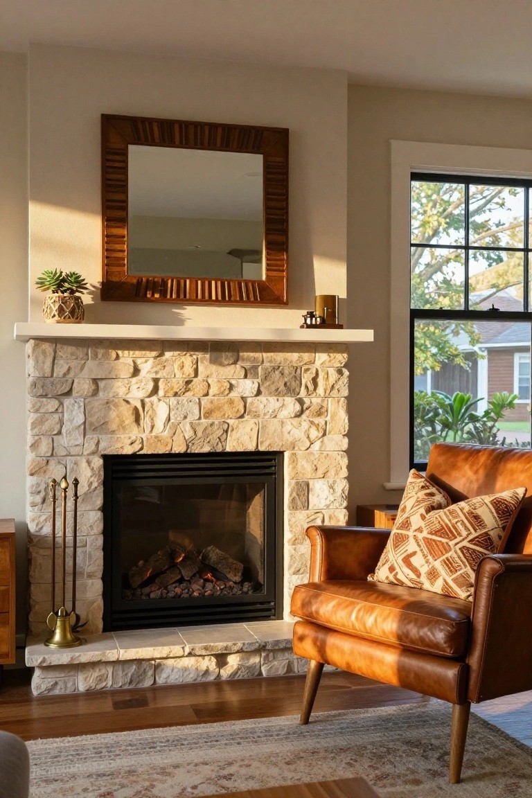 Living room with stacked light stone gas fireplace, wood-framed mirror and potted succulent on mantel, leather armchair with patterned pillow nearby, large window, and hardwood floor.