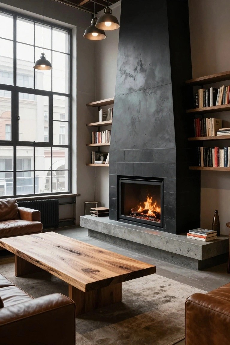 Spacious industrial-style living room with a tall black-tiled fireplace flanked by floating wooden bookshelves, tan leather sofas arranged around a live-edge wooden coffee table, a gray rug, and large metal-framed windows.