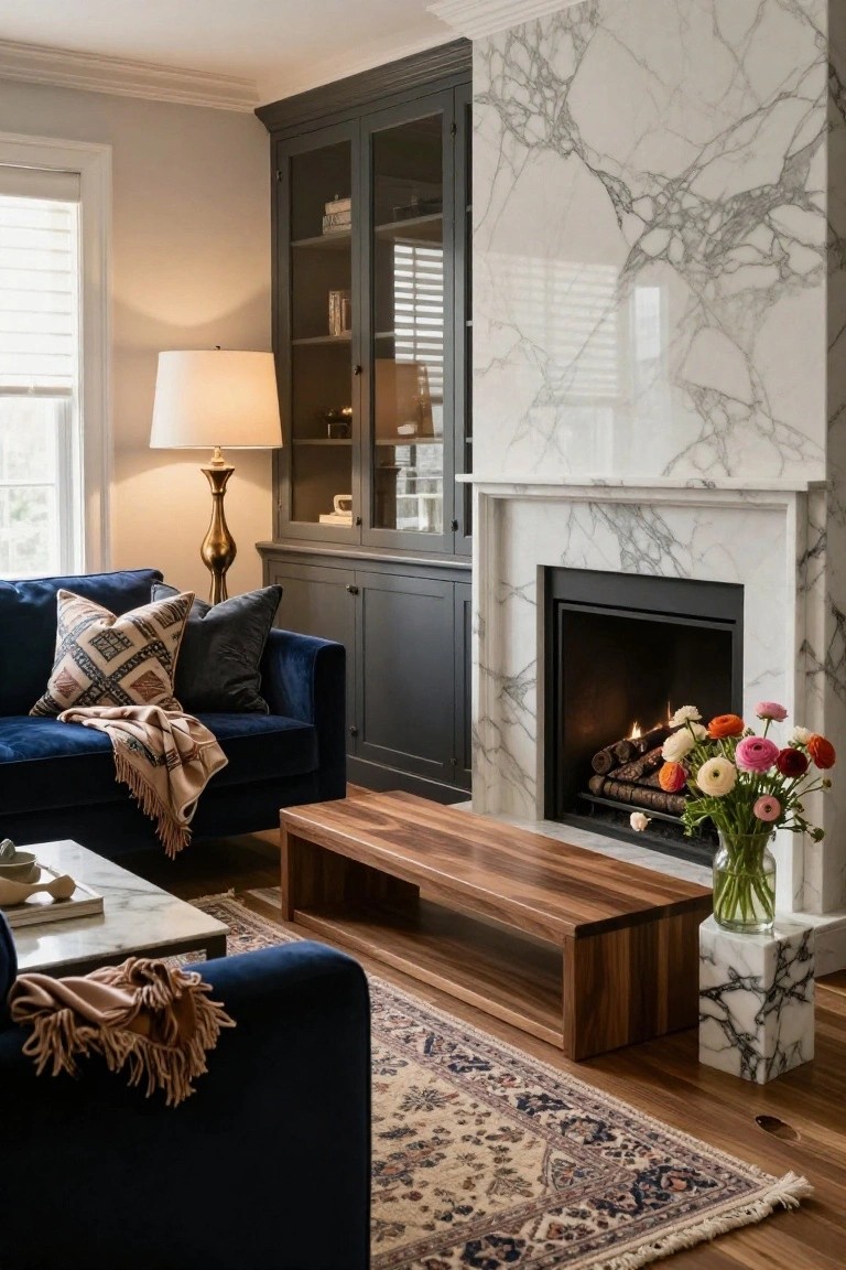 Living room with navy blue velvet sofa facing white marble fireplace with gray veining, dark cabinetry to the side, wooden coffee table, colorful flowers in vase, and patterned rug on wood floor.