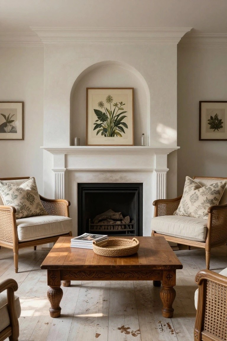 White arched fireplace mantel in a light living room with botanical artwork in the niche, two rattan armchairs with patterned cushions, and a carved wooden coffee table on whitewashed floors.