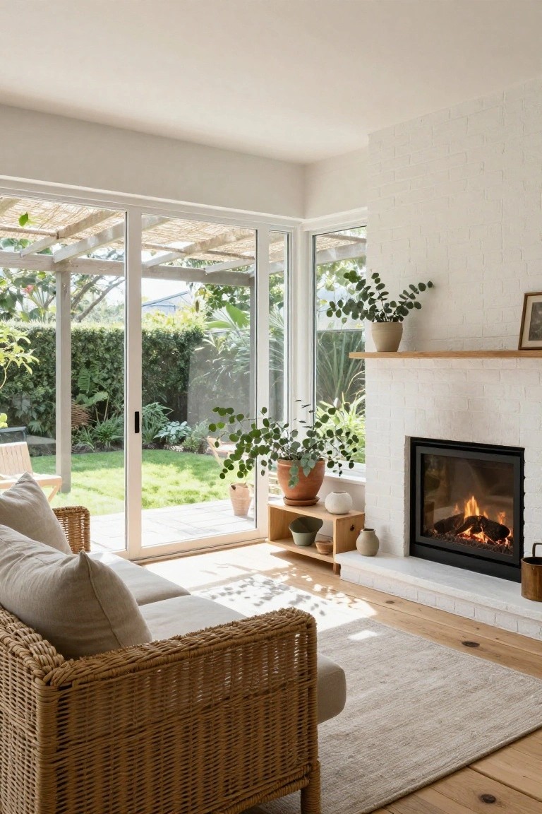 Living room featuring a white brick fireplace with flames, wooden mantel shelf holding potted plants and ceramics, beige rattan sofa on light wood floors, and large sliding glass doors open to a green garden.