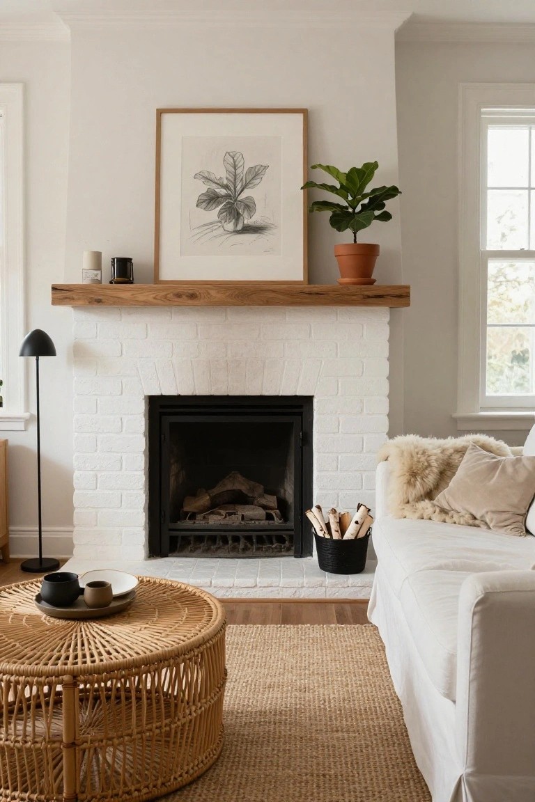 A living room with a white brick fireplace topped by a live-edge wooden mantel holding a potted fiddle leaf fig plant, a black floor lamp nearby, a white sofa with sheepskin throw and firewood basket, and a rattan coffee table on a jute rug.