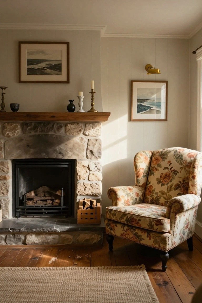 A living room with a stone fireplace, wooden mantel holding candles and ceramics, a floral wingback armchair beside it, and two seascape prints on pale paneled walls.