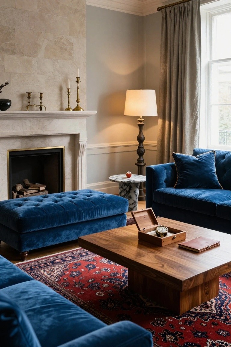 A living room with navy blue tufted velvet sofa and ottoman, wooden coffee table holding a wooden box and pocket watch, marble fireplace, brass candelabras, table lamp, and red Persian rug.