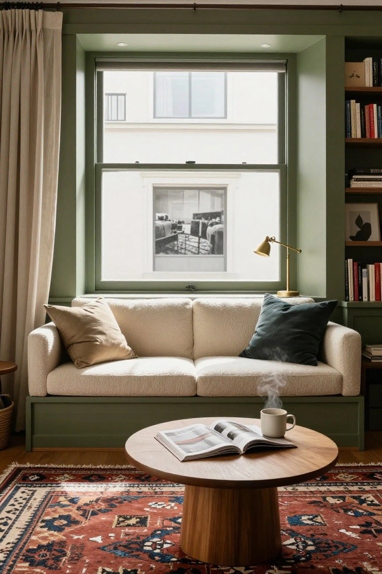 A living room featuring sage green built-in bookcases framing a cream bouclé sofa next to a large window, with a wooden coffee table holding a mug and magazine on a red patterned rug.