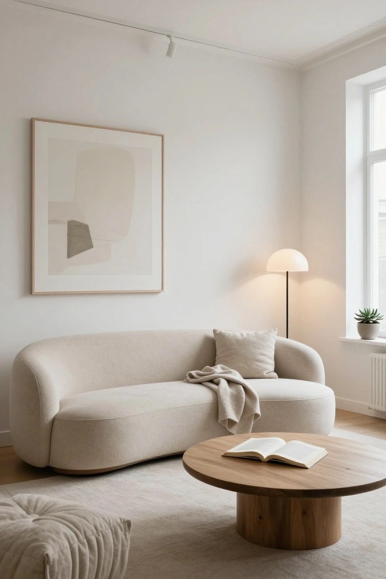A minimalist living room corner with a large curved beige sofa draped in a light throw, round wooden coffee table holding an open book, tall floor lamp, abstract beige wall art, potted plant on windowsill, and neutral rug.