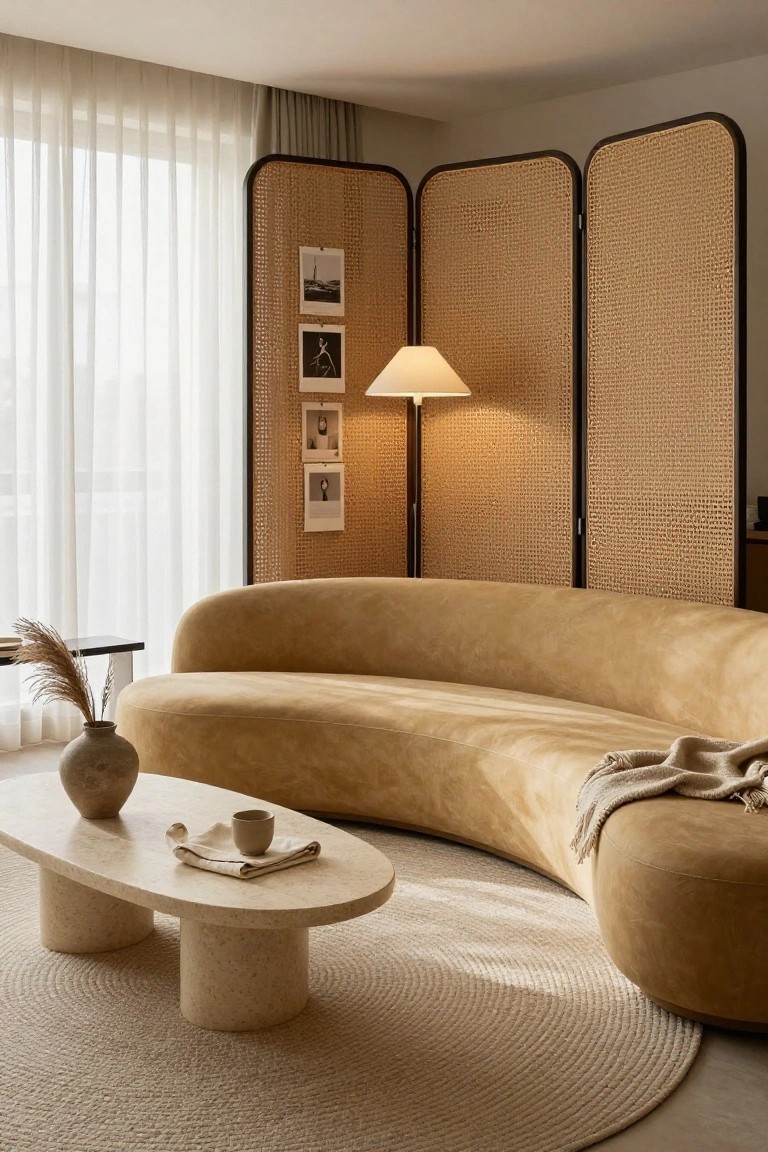 A modern living room with a large curved tan velvet sofa, oval travertine coffee table, rattan folding screens, sheer curtains on windows, and potted plants.
