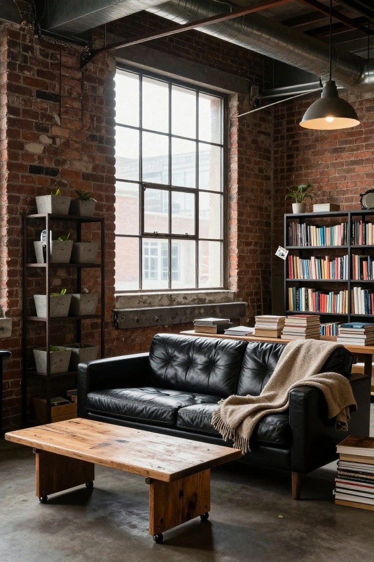 Industrial living room with exposed red brick walls, large metal shelves holding potted plants, black tufted leather sofa with cream throw blanket, low wooden coffee table on casters, and bookshelves.