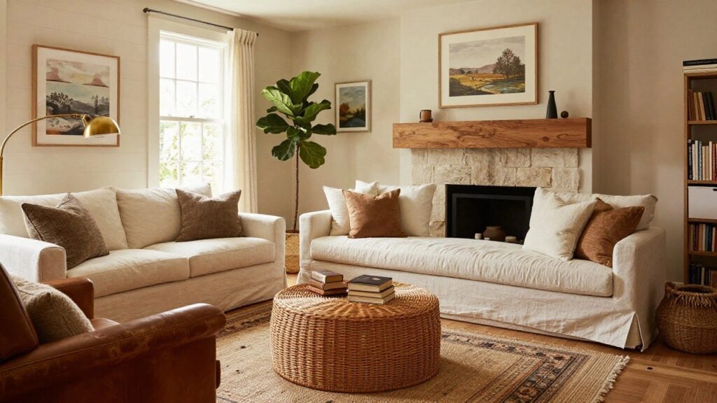 A cozy living room with a white sofa, tan throw pillows, rattan coffee table, leather armchair, fiddle leaf fig plant by the windows, bookshelves, and a stone fireplace topped with a wood mantel holding pottery and candles.