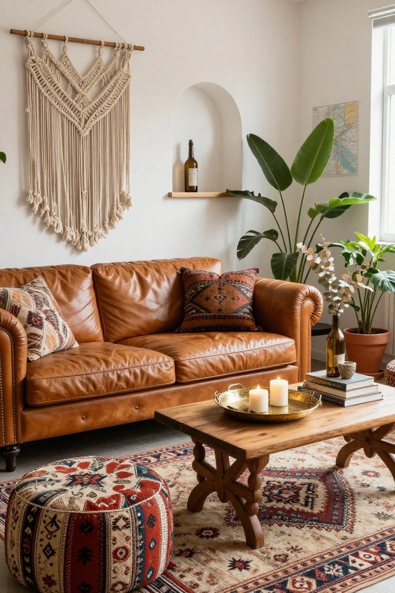 Tan tufted leather sofa with patterned pillows and throws in a living room, flanked by houseplants including bird of paradise and monstera, wooden coffee table with candles and books, macrame wall hanging, and ottoman on patterned rug.