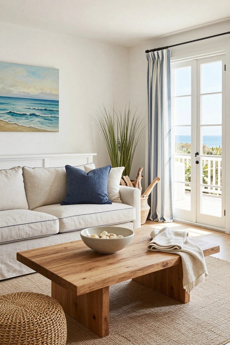 White living room with linen sofa, low natural wood coffee table topped with white bowl of shells and linen throw, seagrass rug, rattan pouf, pampas grass plant beside sofa, driftwood decor, blue ocean painting on wall, and open French doors to ocean-view balcony.