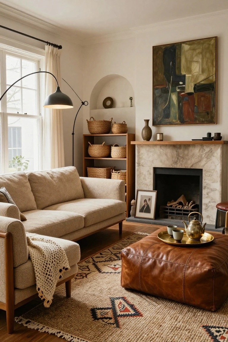 Light-filled living room with cream sofa, tan leather pouf ottoman on woven rug, marble fireplace flanked by wooden shelves holding wicker baskets, arched niche, arc floor lamp, and large abstract painting on wall.