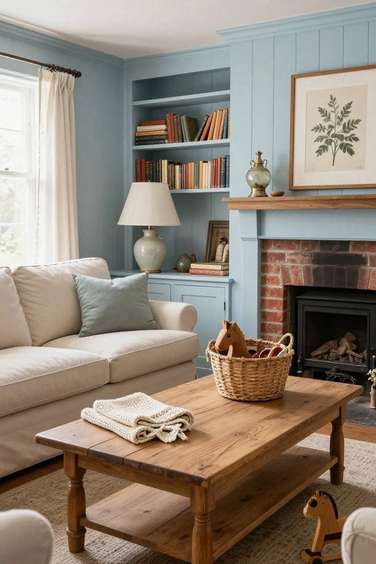 A cozy living room with light blue paneled walls and built-in bookshelves flanking a brick fireplace, a cream-colored sofa, wooden coffee table with a knit throw, woven basket of toys, and floor cushions.