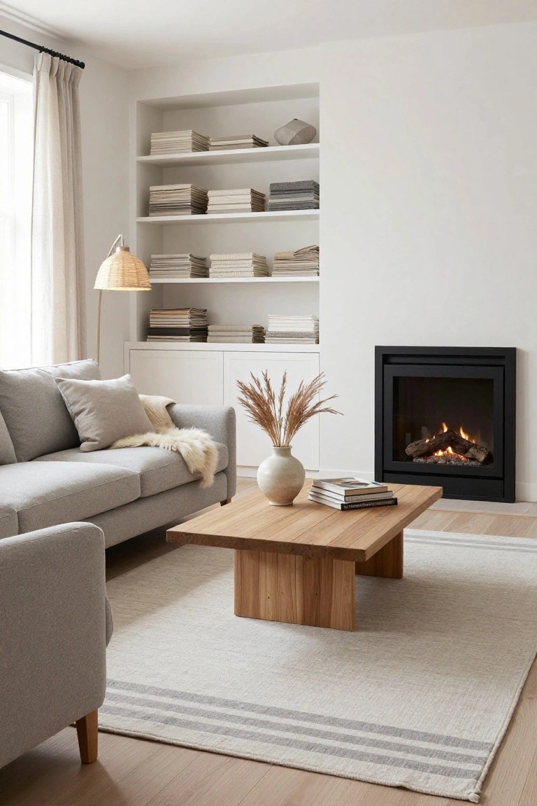 Light gray sofa facing a low oak coffee table on a beige striped rug in a living room with white built-in bookshelves, pampas grass in a vase, gas fireplace, and beige lamp.