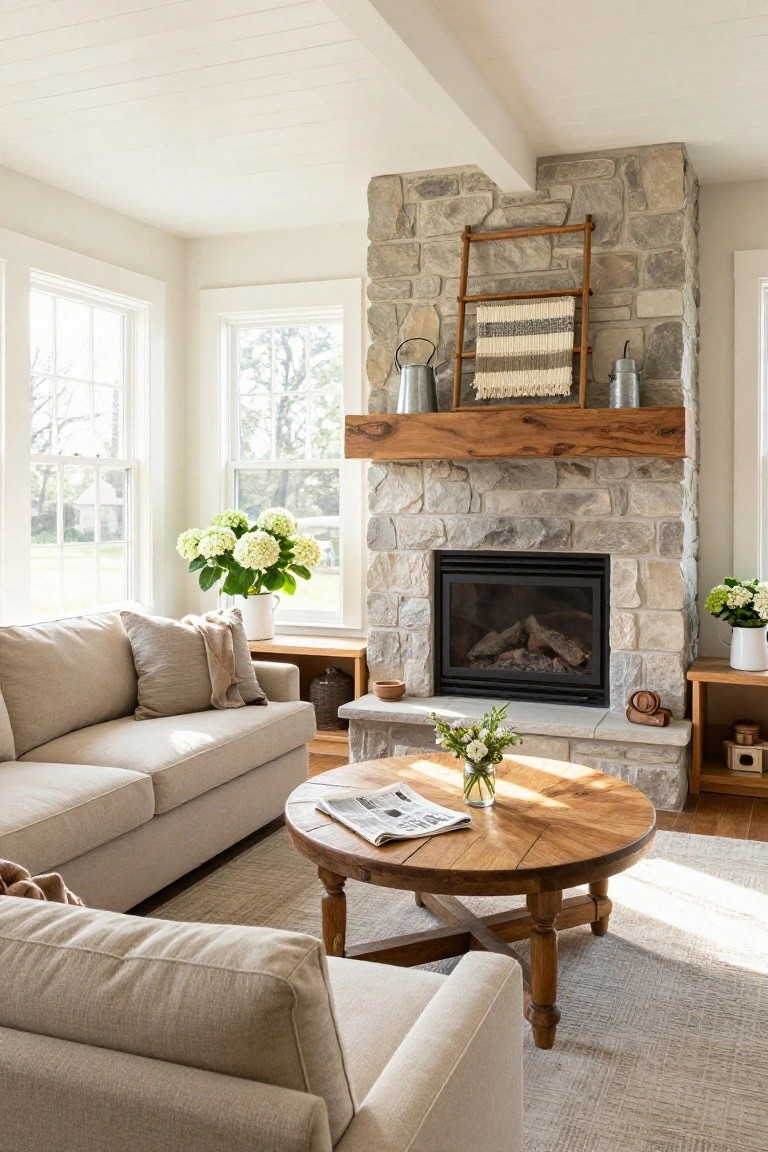 Bright living room with tall stacked stone fireplace, wooden beam mantel with ladder shelf holding baskets and woven textile, beige L-shaped sofa, round wood coffee table, large triple windows, potted hydrangeas on wood side tables.