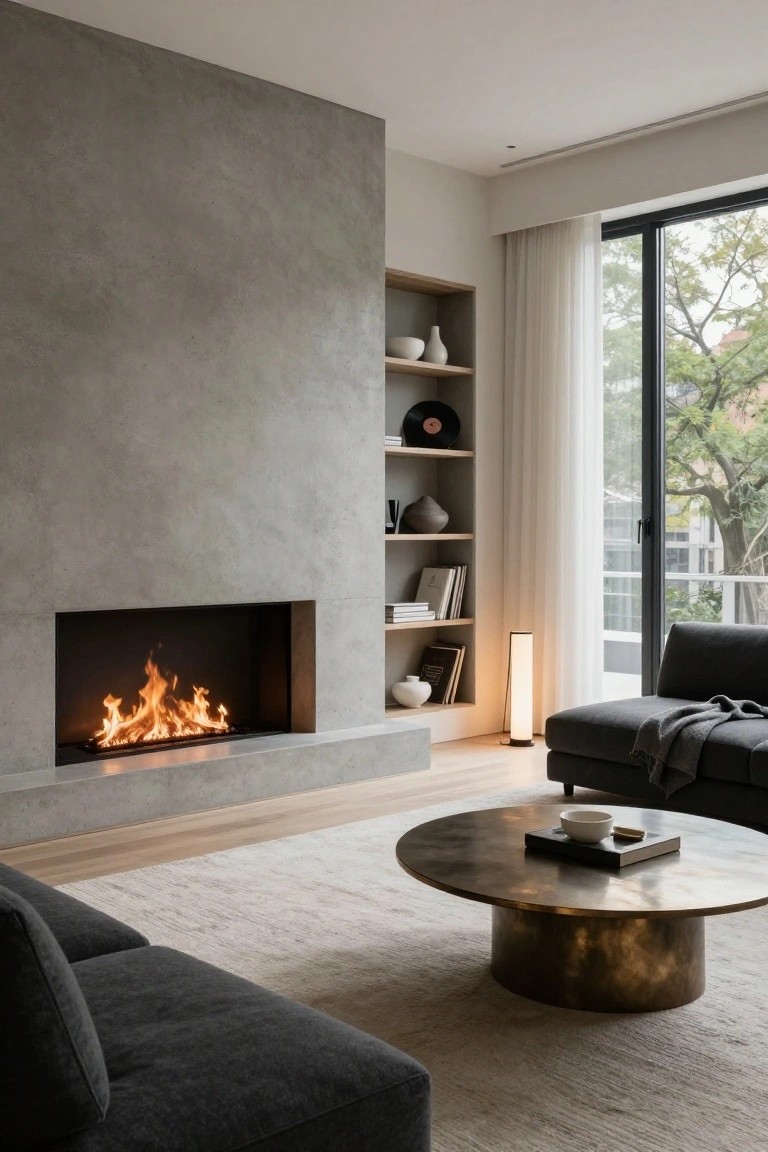 Modern living room with tall textured gray concrete wall featuring recessed linear gas fireplace, adjacent built-in wooden shelves holding books, records, vases, low gray sofa, round brass coffee table on light rug, floor lamp, and large windows with sheer curtains overlooking trees.