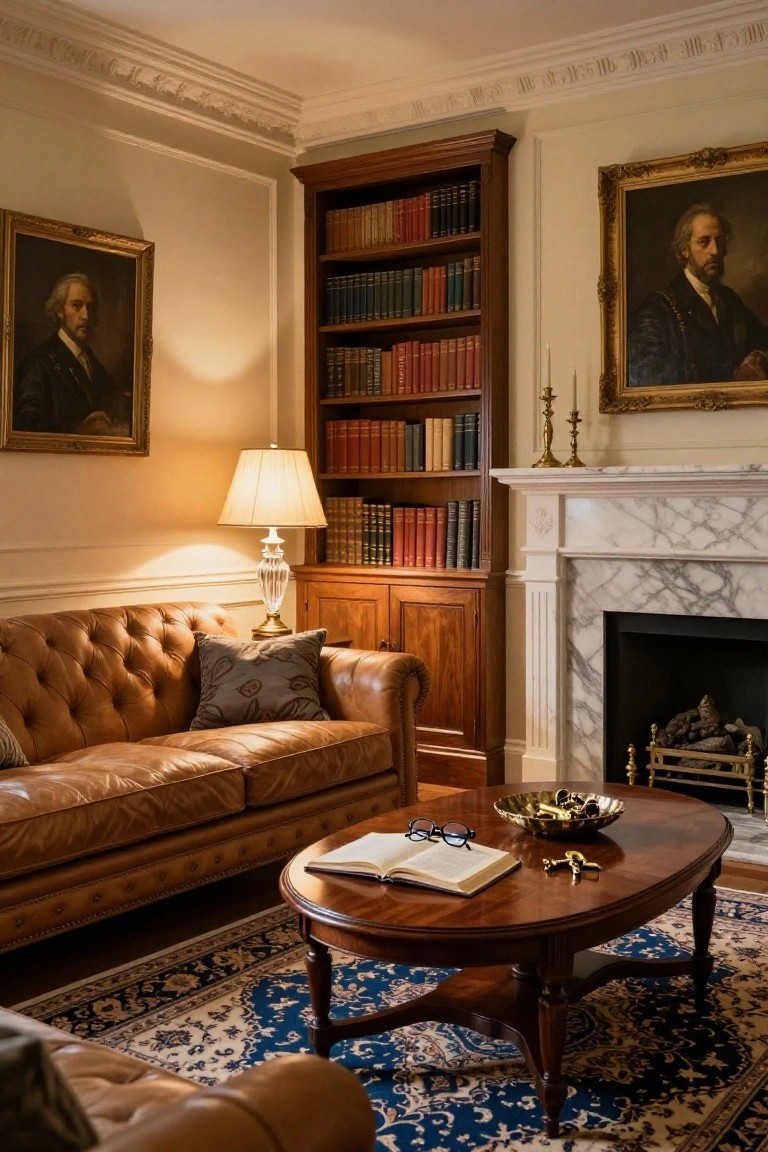 A warmly lit living room with dark wood bookshelves filled with books flanking a marble fireplace, tan tufted leather sofa, oval wood coffee table with open book and eyeglasses, brass accents, and antique portraits on walls.