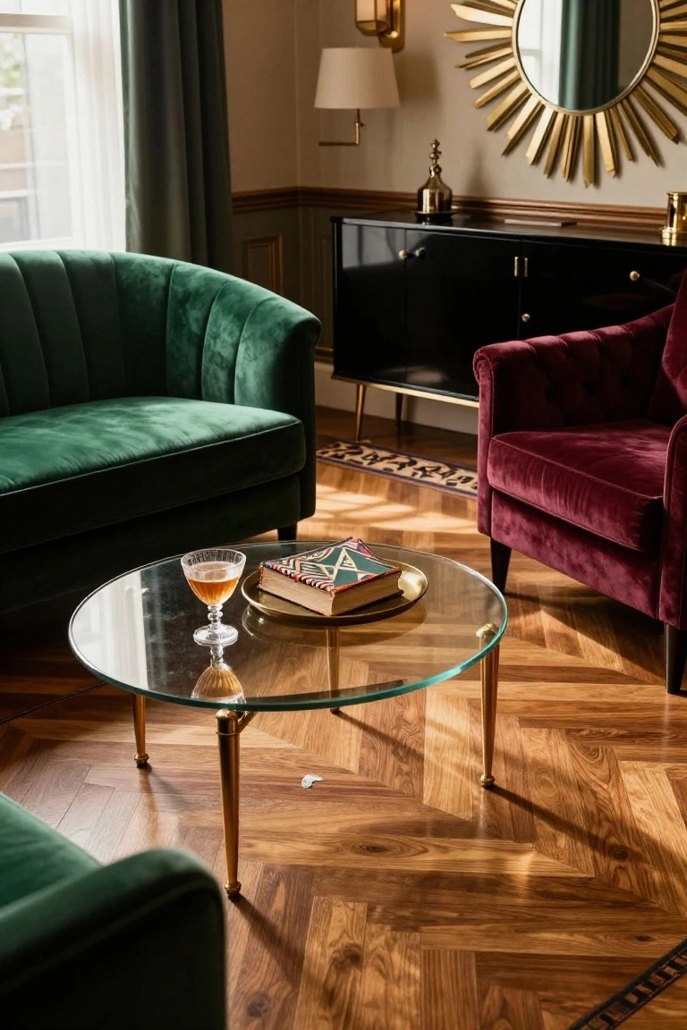 Living room with emerald green tufted velvet sofa and loveseat, burgundy tufted velvet armchair, glass coffee table with brass legs holding a book and cocktail glass, black credenza, gold sunburst mirror, and parquet wood flooring.