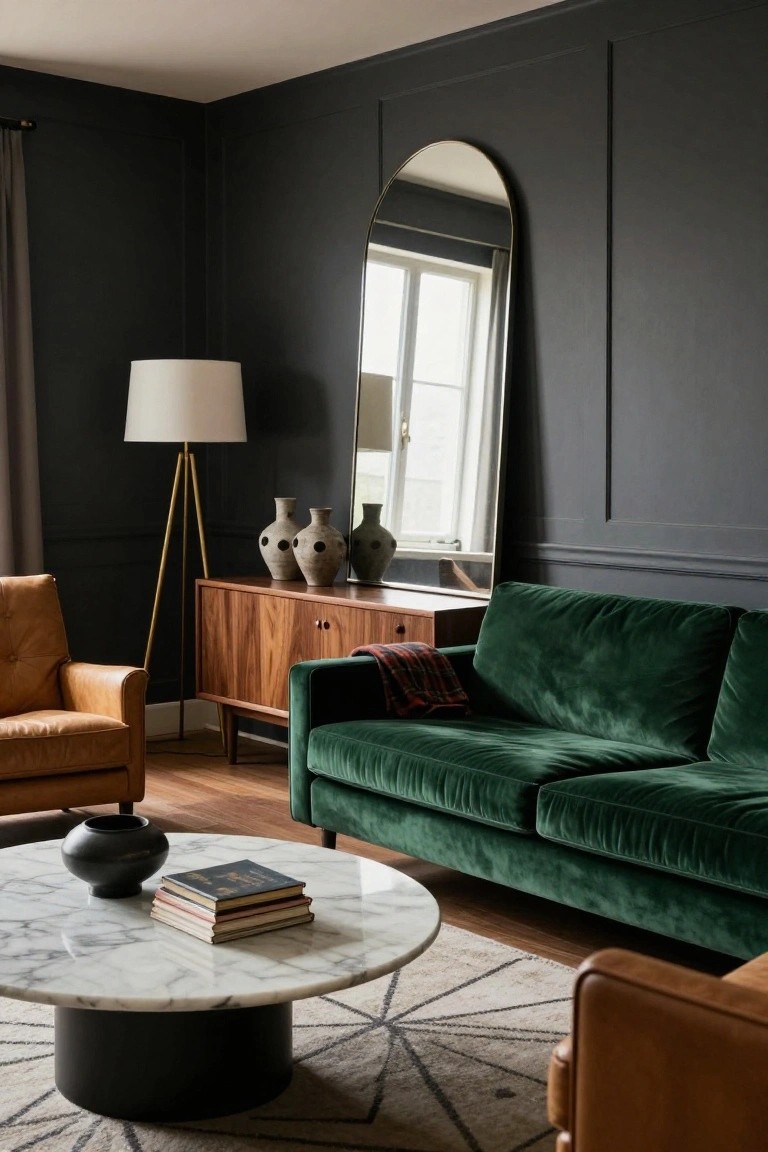 Velvet Sofas in Dark Living Rooms
