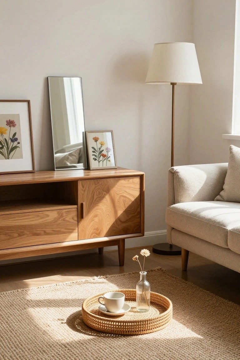 A sunlit living room corner with a wooden sideboard topped by mirrors and framed botanical artwork, a tall floor lamp, cream-colored sofa, and a rattan tray holding a teacup and vase on a beige rug.