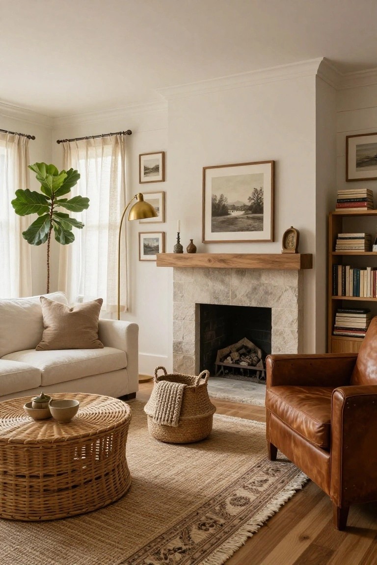 A cozy living room with a white sofa, tan throw pillows, rattan coffee table, leather armchair, fiddle leaf fig plant by the windows, bookshelves, and a stone fireplace topped with a wood mantel holding pottery and candles.