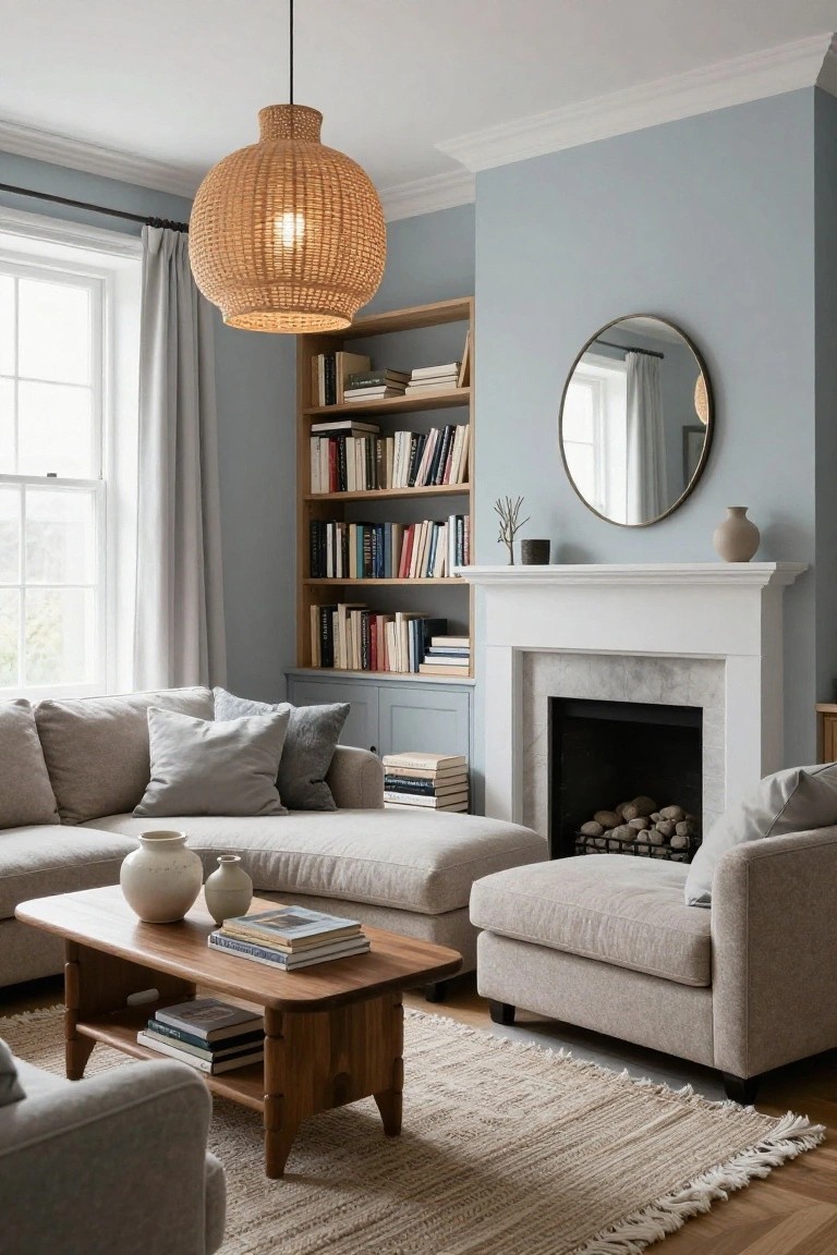 A cozy living room featuring pale blue walls, tall oak bookshelves flanking a white fireplace mantel filled with books and logs, beige modular sofas, a wooden coffee table, rattan pendant light, and neutral rug on hardwood floors.