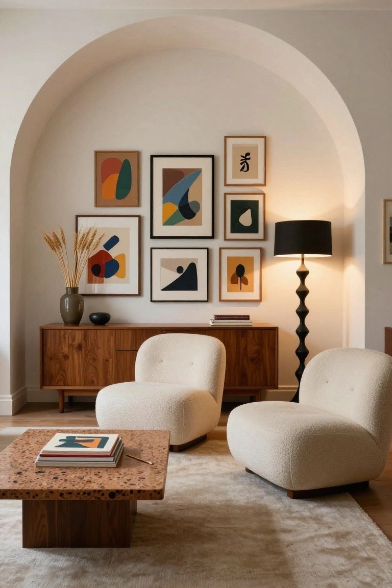 A cozy living room with two curved white bouclé armchairs facing a low wooden coffee table, a wooden credenza topped with a vase of wheat and black bowl under a gallery wall of abstract art in an arched white niche, a black sculptural floor lamp, and beige rug.