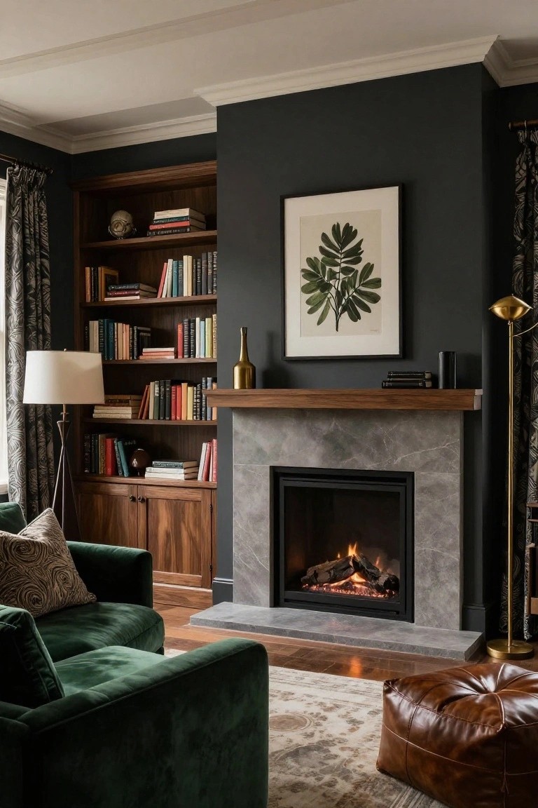 A living room interior with dark walls, wooden built-in bookshelves flanking a gray stone fireplace with burning gas logs, green velvet armchairs, a leather pouf, lamps, and patterned rug on wood flooring.